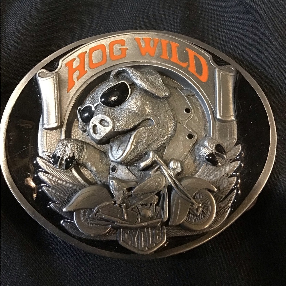 VINTAGE BERGAMOT 1994 HOG WILD PEWTER BELT BUCKLE BIKER EUC ORIG OWNER